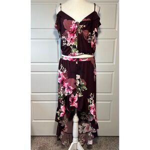 Express One Eleven Floral Cold Shoulder Top & High Low Ruffle Skirt Set M